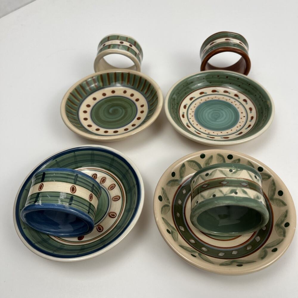 Harry David Napkin Rings Dip Bowls Porcelain Christmas Drum Pattern Set of 4